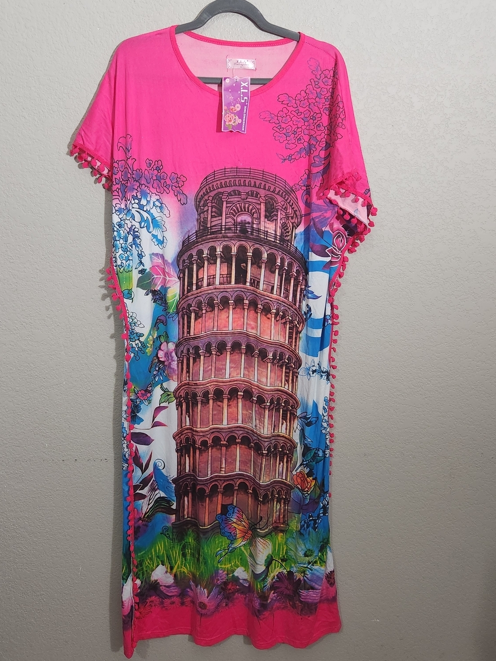 Girls' Pink Tower Print Dress with Pom Trim